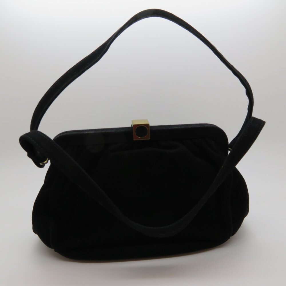 Vintage Black Suede Evening Bag Top Handle Purse Gold Clasp - Picture 11 of 12
